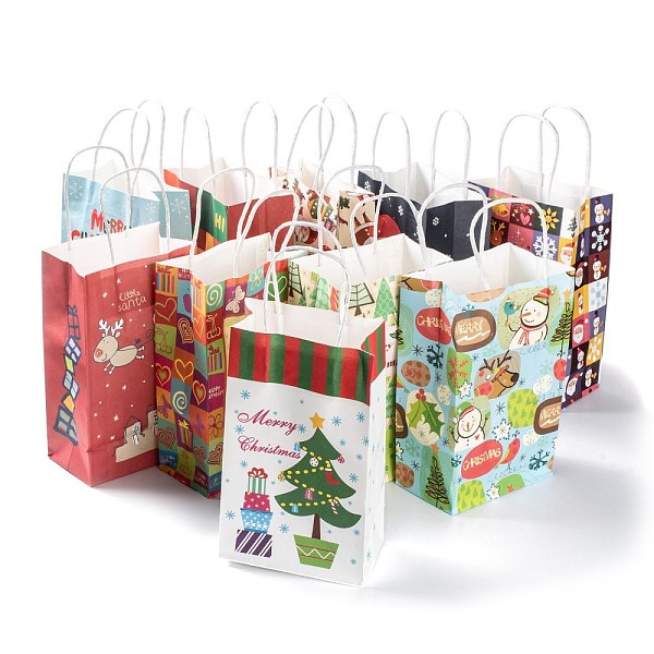 

PandaHall Christmas Theme Kraft Paper Gift Bags, with Handles, Shopping Bags, Mixed Patterns, 13.5x8x22cm Paper Mixed Shapes