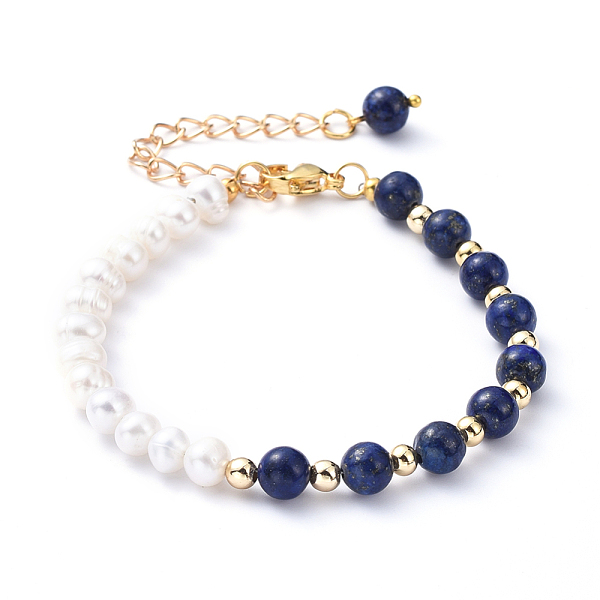

PandaHall Natural Pearl & Natural Lapis Lazuli(Dyed) Beaded Bracelets, with Iron Chain Extender, 304 Stainless Steel Lobster Claw Clasps and..., Blue