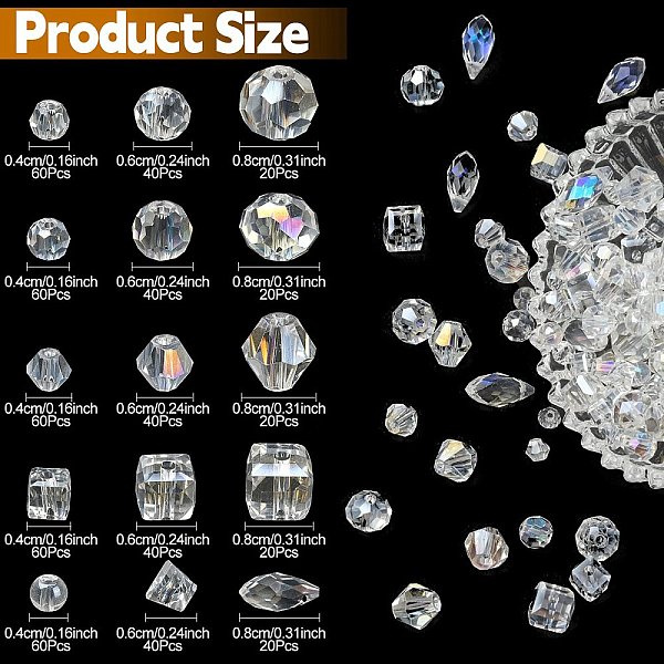 

PandaHall 600Pcs 15 Style Electroplate Transparent Glass Beads, AB Color, Faceted, Round & Rondelle & Bicone & Cube & Triangle & Teardrop..., White