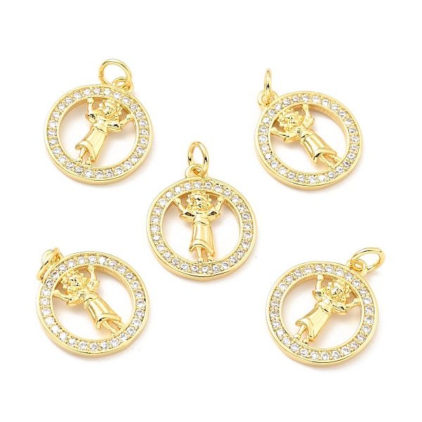 

PandaHall Brass Micro Pave Clear Cubic Zirconia Pendants, with Jump Ring, Cadmium Free & Lead Free, Round Ring with Saint, Real 18K Gold...