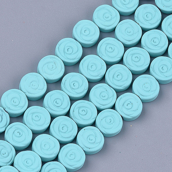 

PandaHall Spray Painted Non-magnetic Synthetic Hematite Beads Strands, Flat Round with Flower, Pale Turquoise, 8x3mm, Hole: 0.8mm, about..., Cyan