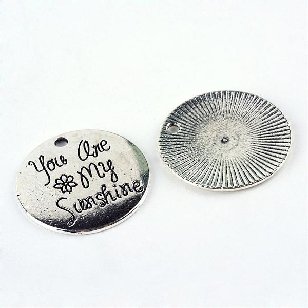 

PandaHall Tibetan Style Alloy Pendants, Flat Round with Word You Are My Sunshine, Cadmium Free & Lead Free, Antique Silver, 25x1.5mm, Hole...
