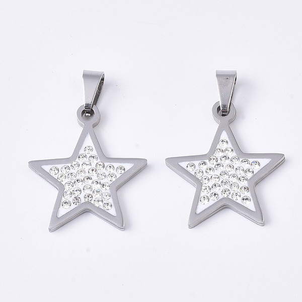 

PandaHall 201 Stainless Steel Pendants, with Random Size Snap On Bails and Polymer Clay Crystal Rhinestones, Star, Stainless Steel Color..., Clear