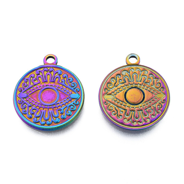 

PandaHall Ion Plating(IP) 201 Stainless Steel Pendants, Flat Round with Eye, Rainbow Color, 24x20.5x2mm, Hole: 2mm 201 Stainless Steel Flat...