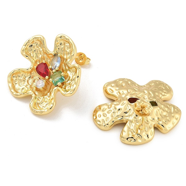 Brass Micro Pave Cubic Zirconia Flower Stud Earrings