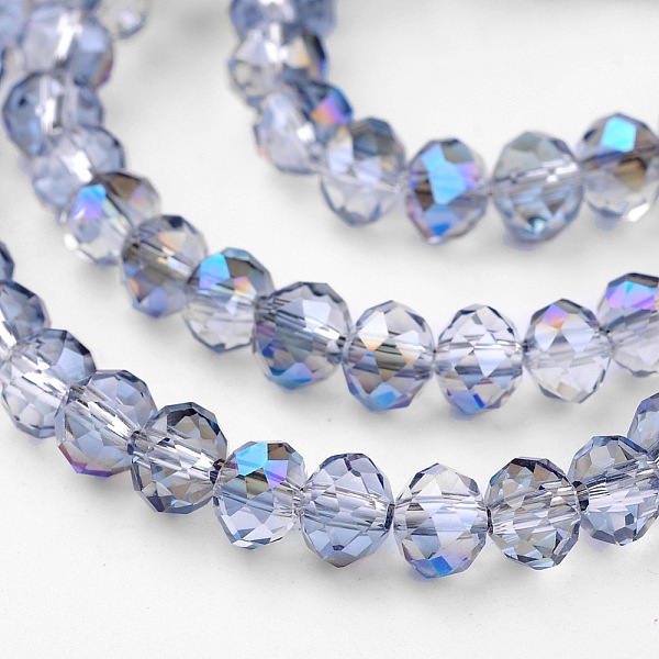 

PandaHall Electroplate Glass Bead Strands, Half Rainbow Plated, Faceted Rondelle, Cornflower Blue, 6x4mm, Hole: 1mm, about 85pcs/strand, 16...