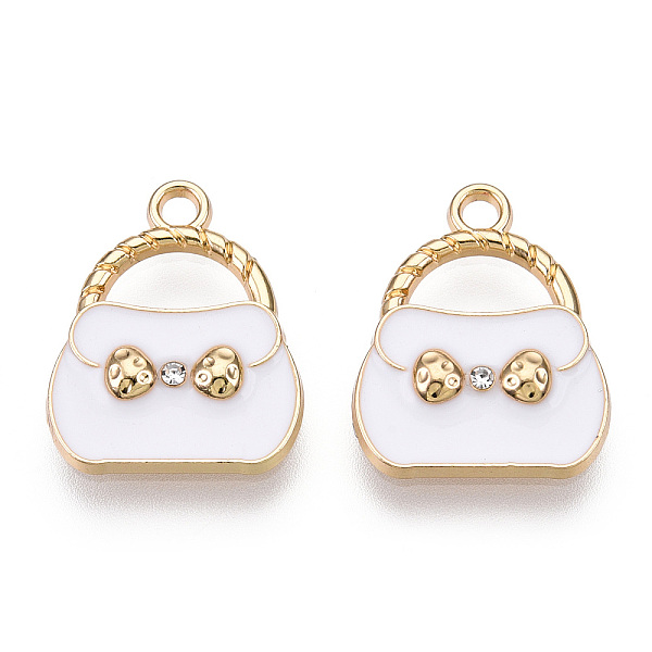 

PandaHall Alloy Enamel Pendants, with Crystal Rhinestone, Light Gold, Bag, White, 19x16x3mm, Hole: 2mm Alloy+Enamel Bag White