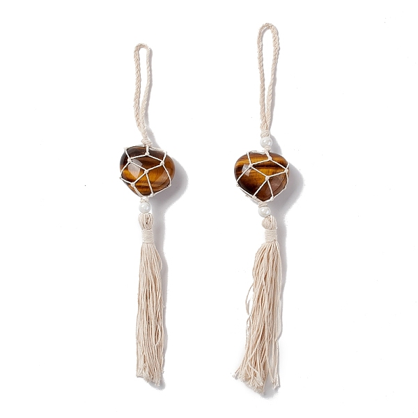 

PandaHall Natural Tiger Eye Pendant Decorations, with Acrylic Pearl Beads, Heart, 31~32cm Tiger Eye Heart