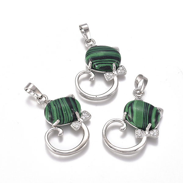 

PandaHall Synthetic Malachite Kitten Pendants, with Platinum Tone Brass Findings and Crystal Rhinestone, Cat with Bowknot Shape..., Clear