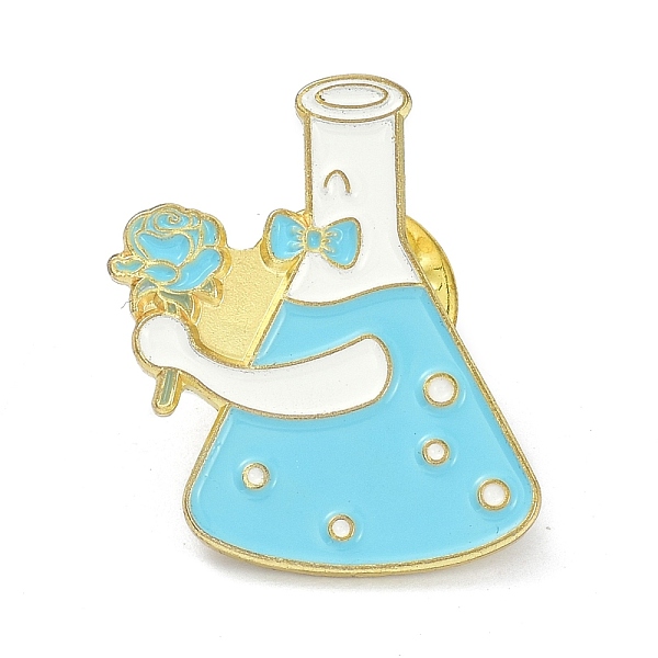 

PandaHall Chemical Flask with Rose Alloy Enamel Brooches, Enamel Pin, Sky Blue, 25x20x10mm Alloy+Enamel