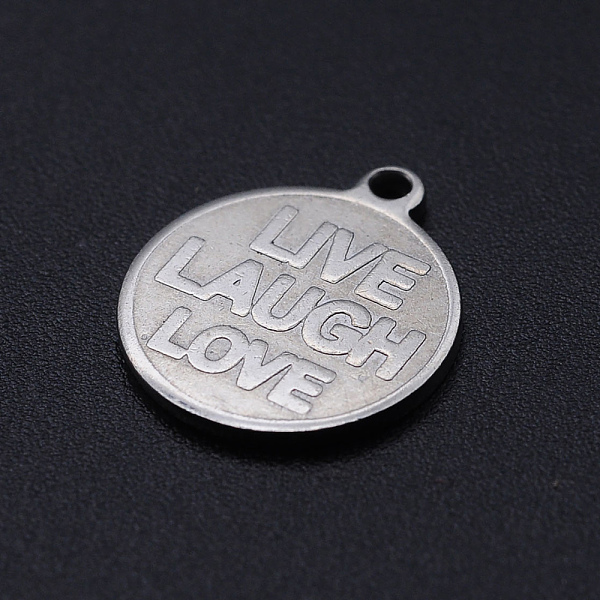 

PandaHall 201 Stainless Steel Pendants, Flat Round with Word Live & Laugh & Love, Stainless Steel Color, 16x14x1mm, Hole: 1.4mm 201...