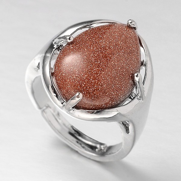 

PandaHall Teardrop Platinum Tone Brass Gemstone Adjustable Wide Band Rings, Synthetic Goldstone, 18mm, Tray: 20x17mm Goldstone