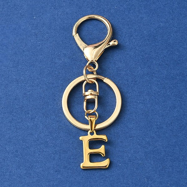 

PandaHall 304 Stainless Steel Initial Letter Charm Keychains, with Alloy Clasp, Golden, Letter E, 8.5cm Stainless Steel Letter E