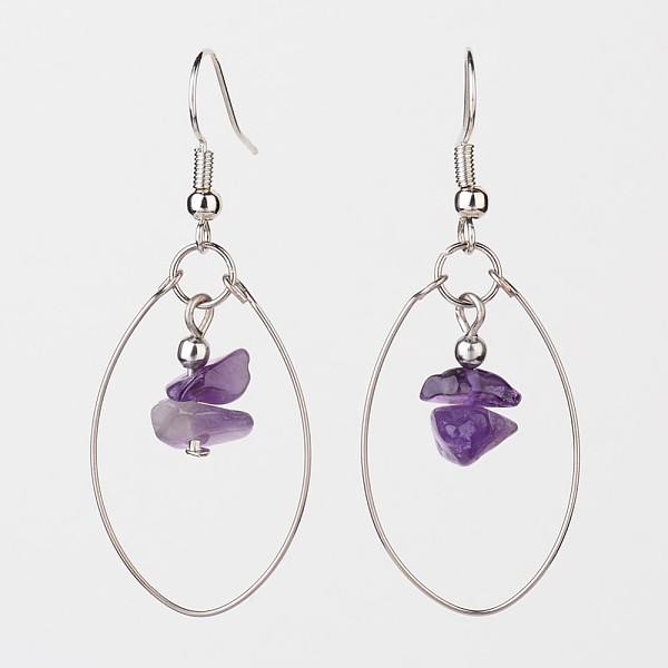 

PandaHall Natural Amethyst Dangle Earrings, with Steel Memory Wire and Brass Earring Hooks, Platinum, 50mm Amethyst