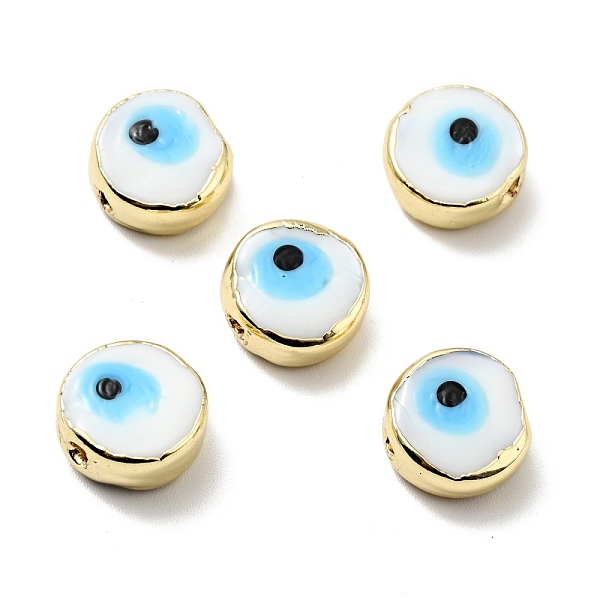 

PandaHall Handmade Evil Eye Lampwork Beads, with Brass Findings, Flat Round, White, 11.5x6mm, Hole: 1.6mm Lampwork Flat Round White
