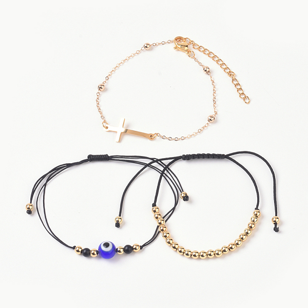 

PandaHall Braided Bracelets & Link Bracelets Sets, with Nylon Thread, Natural Black Agate(Dyed), Evil Eye Lampwork Beads, Brass Cable Chains..., Multicolor