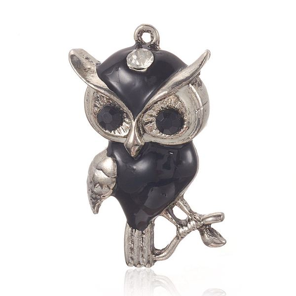 

PandaHall Tibetan Style Alloy Enamel Pendants, with Rhinestone, Owl, Black, 54x30x7mm, Hole: 2mm Alloy Rhinestone+Enamel Owl Black