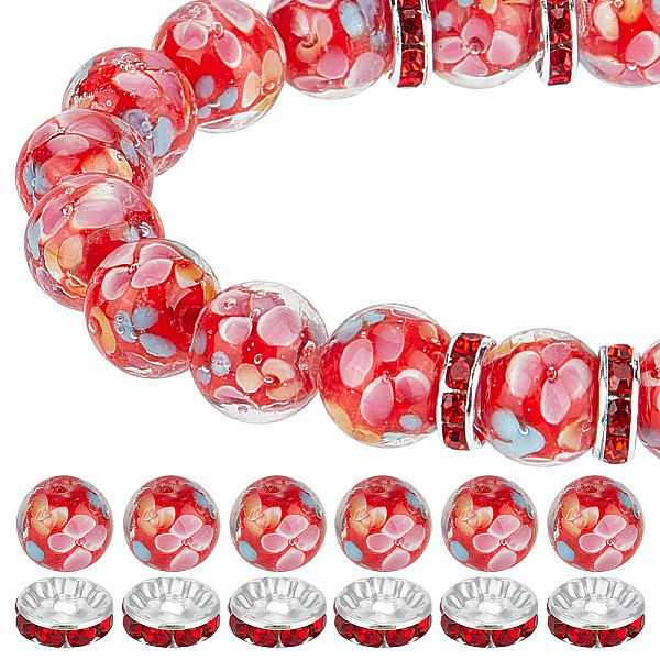 20 Pcs 12mm Red Lampwork Flower Glass Beads with 20 Pcs Pave Rhinestone Spacer Beads, Flower Beads Jewelry Making Finding Kits Round Ball Beads Flat Loose Spacer Beads for DIY