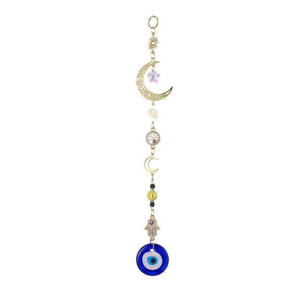 

PandaHall Evil Eye Lampwork Pandant Decorations, with Stainless Steel Moon, Alloy Moon, Colorful, 240mm Lampwork