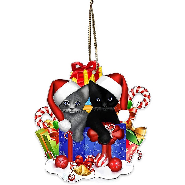 PandaHall Christmas Cat Shape Acrylic Pendant Decoration, with Nylon Rope and Iron Bell, for Car Rear View Mirror Hanging Ornament, Box...