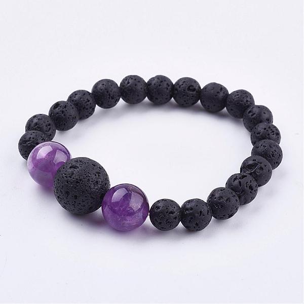 

PandaHall Natural Amethyst Stretch Bracelets, with Natural Lava Rock Beads, Round, 2 inch(52mm) Amethyst
