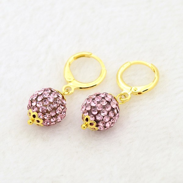 

PandaHall Dangling Round Ball Resin Rhinestone Earrings, with Golden Plated Brass Leverback Hoop Earring Settings, Light Rose, 30mm, Pin..., Pink