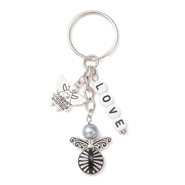 

PandaHall Tibetan Style Alloy & Acrylic Angel Pendant Keychain, with Acrylic Word Love Letter Beads and Iron Split Key Rings, Antique Silver..., White