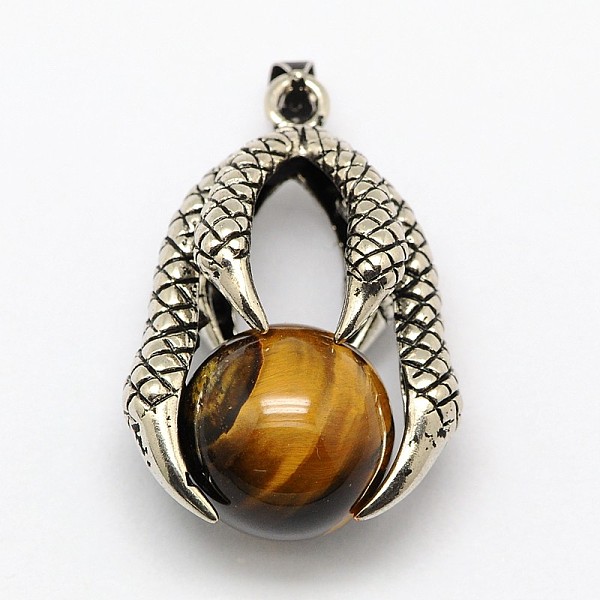 PandaHall Vintage Natural Bezel Tiger Eye Pendants, with Antique Silver Plated Alloy Findings, Animal Claw with Round Beads, 37x25x16mm...