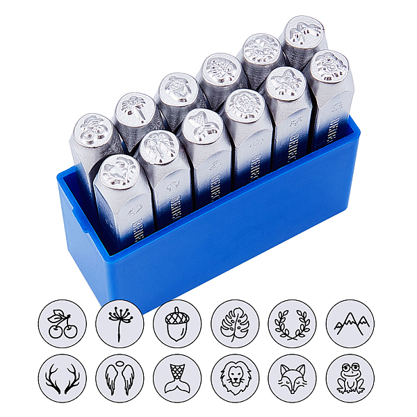 PandaHall BENECREAT 12 Packs (6mm 1/4") Matte Design Metal Stamp Punches with Tool Case for Jewelry Leather Wood Stamping, Animals and...