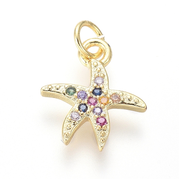 

PandaHall Brass Micro Pave Cubic Zirconia Charms, with Jump Rings, Starfish/Sea Stars Shape, Colorful, Golden, 12x10x1.5mm, Hole: 2.5mm...