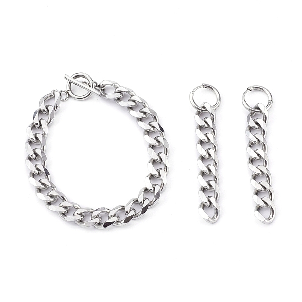 

PandaHall 304 Stainless Steel Curb Chains Bracelets & Dangle Huggie Hoop Earrings Sets, with Toggle Clasps, Stainless Steel Color, 7-5/8...