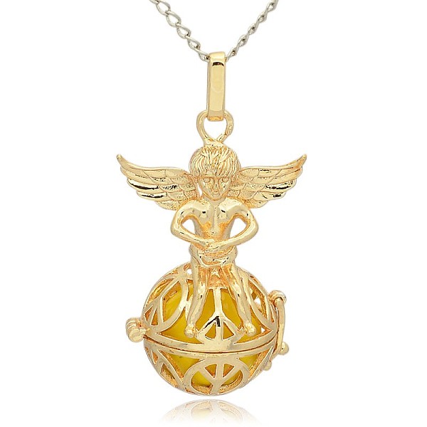

PandaHall Golden Tone Brass Hollow Round Cage Pendants, with No Hole Spray Painted Brass Round Ball Beads, Round with Angel, Gold...