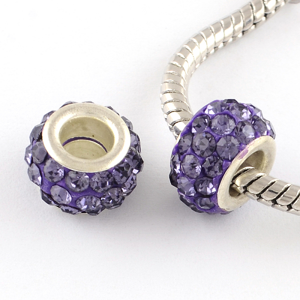 

PandaHall Polymer Clay Rhinestone European Large Hole Beads with Silver Color Plated Brass Cores, Rondelle, Violet, 11~12x7~7.5mm, Hole: 5mm..., Purple