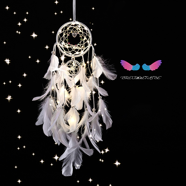 

PandaHall Indian Style Cotton Rope Woven Net/Web with Feather Pendant Decoration, with Colorful Beads and Shell, with Lamp, White, 60cm...