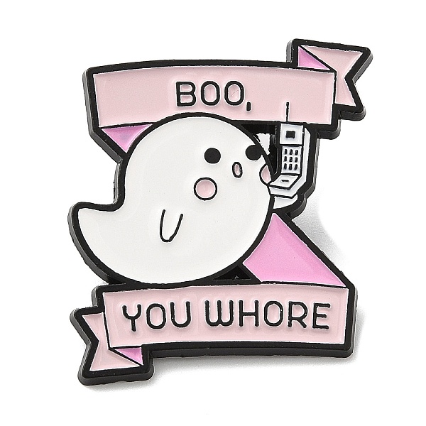 PandaHall Halloween Ghost with Word BOO Who're You Enamel Pin, Electrophoresis Black Zinc Alloy Brooch for Backpack Clothes, 30x28x1.5mm...
