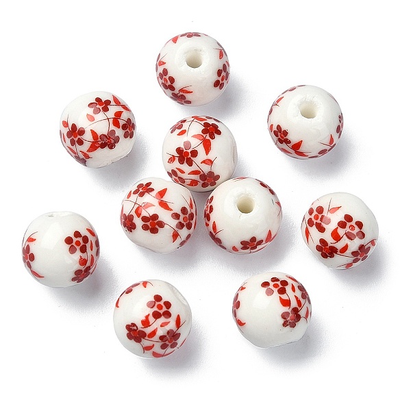 

PandaHall Handmade Printed Porcelain Round Beads, with Flower Pattern, Indian Red, 10mm, Hole: 2mm Porcelain Round