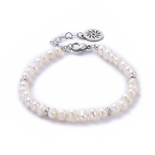 

PandaHall Natural Cultured Freshwater Pearl Beaded Bracelets, with Brass Beads, 304 Stainless Steel Flat Round Charms and Lobster Claw...