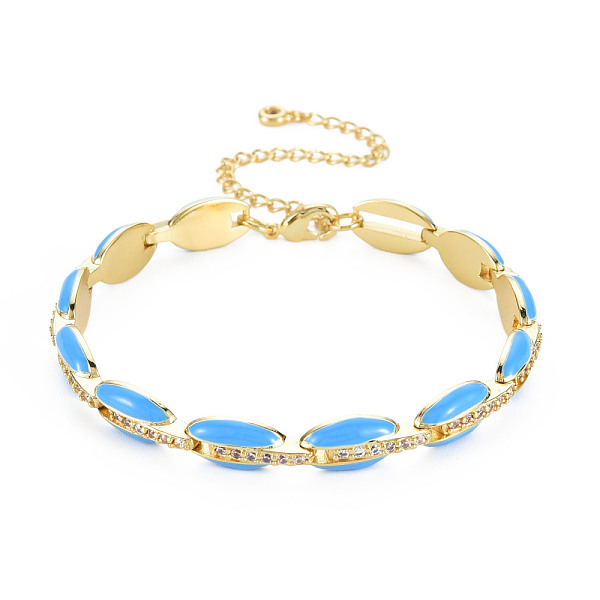 

PandaHall Brass Micro Pave Cubic Zirconia Link Chain Bracelet for Women, Enamel Oval Bracelets, Nickel Free, Real 18K Gold Plated, Deep Sky...