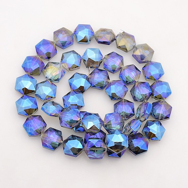 

PandaHall Hexagon Electroplate Full Rainbow Plated Glass Beads Strands, Faceted, Royal Blue, 15x14x8mm, Hole: 1mm, about 50pcs/strand, 23.6...