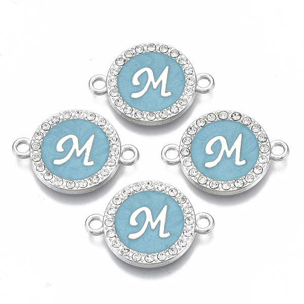 

PandaHall Alloy Enamel Links Connectors, with Crystal Rhinestones, Flat Round with Letter, Silver Color Plated, Letter.M, 22x16x2mm, Hole..., Blue
