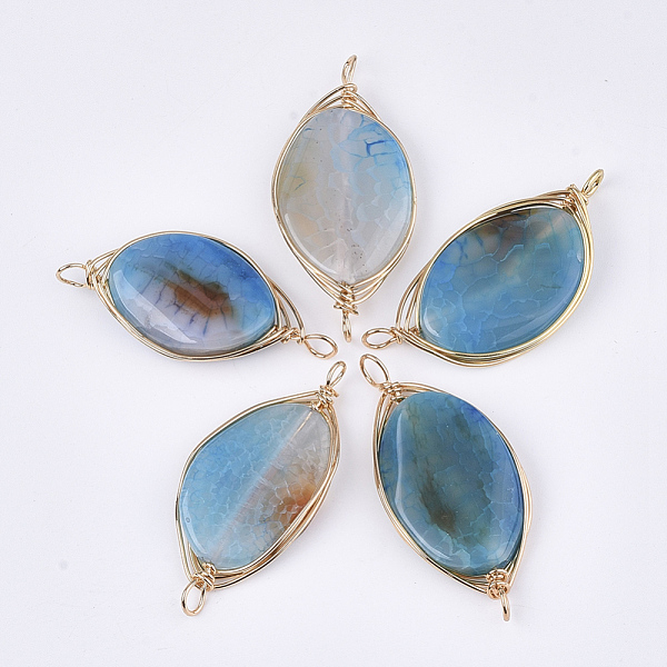 

PandaHall Natural Agate Wire Wrapped Links connectors, with Iron Wire, Dyed, Oval, Golden, Deep Sky Blue, 45~60x20~30x5~8mm, Hole: 4mm...