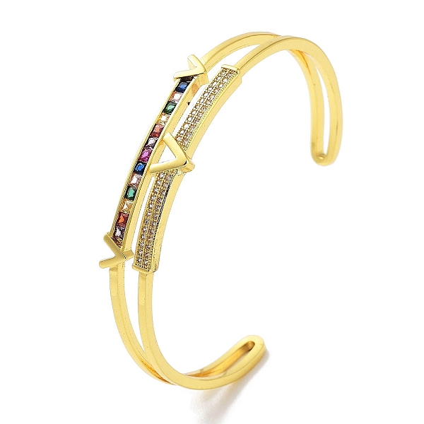 

PandaHall Brass Micro Pave Clear Cubic Zirconia Cuff Bangles, Colorful Glass Bangles for Women, Real 18K Gold Plated, Letter V, Inner...