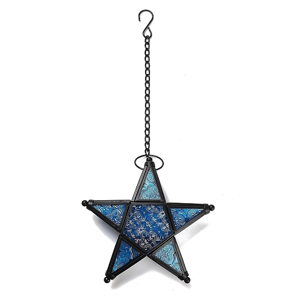 

PandaHall Pentagonal Star Embossed Glass Candle Holder, Candle Storage Container Pub Decoration, Dodger Blue, 45.6cm Iron Star