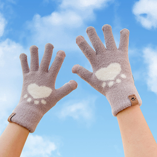PandaHall Velvet Full Finger Gloves, Cute Women Winter Warm Gloves, Lovely Wind Proof Gloves, Paw Print, 204mm Velvet Paw Print Purple