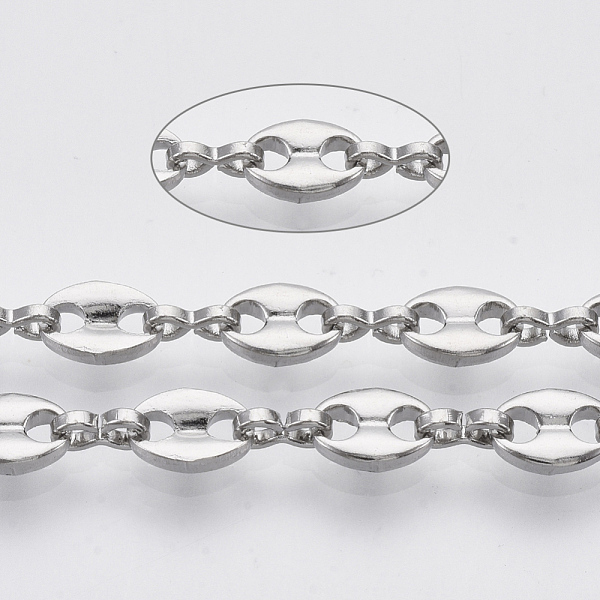 

PandaHall 304 Stainless Steel Coffee Bean Chains, with Spool, Unwelded, Stainless Steel Color, Link 1: 7.5x5x1.5mm, Link 2: 6x3x1mm, about...