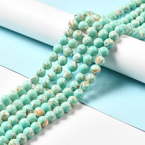 

PandaHall Synthetic Turquoise and Sea Shell Assembled Beads Strands, Dyed, Round, Aquamarine, 6mm, Hole: 1.2mm, about 65pcs/strand, 15.75''..., Green