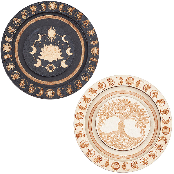 PandaHall CREATCABIN 2Pcs Round Wood Jewelry Dish Trinket Tray Lotus Tree of Life Ring Dish Small Trinket Tray Ornament Earring Necklace...