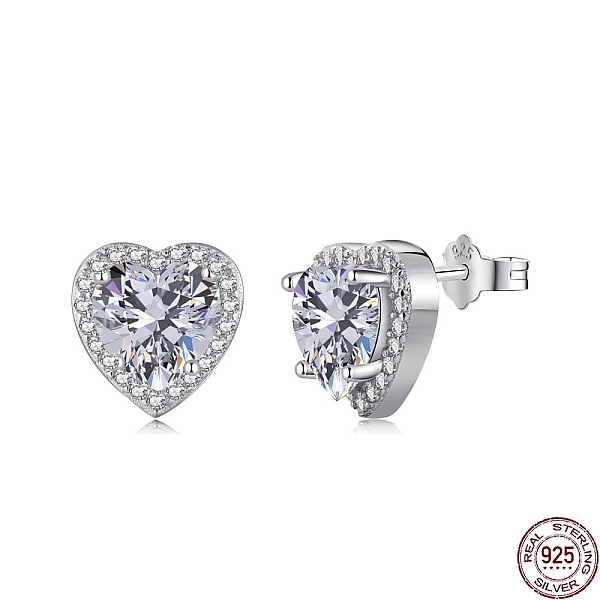 

PandaHall Rhodium Plated 925 Sterling Silver Micro Pave Cubic Zirconia Ear Studs for Women, with S925 Stamp, Heart, Real Platinum Plated..., Clear