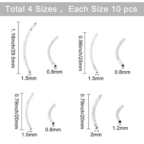 

PandaHall CREATCABIN 1 Box 40Pcs 4 Sizes Curved Tube Beads Brass Sleek Noodle Bead 925 Sterling Silver Plated Long Large Hole Spacer for DIY...