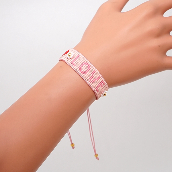

PandaHall Miyuki Seed Braided Bead Bracelet, Word Love Heart Friendship Bracelet for Women, Pink, 11 inch(28cm) Glass Word Pink